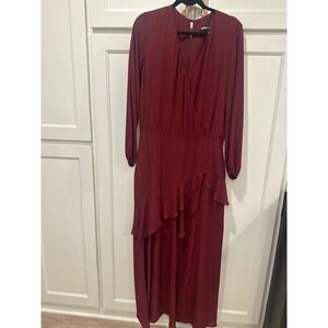 Krissa Burgundy Maxi Dress Ruffle Long Sleeve V-Neck Party Cocktail Women Large